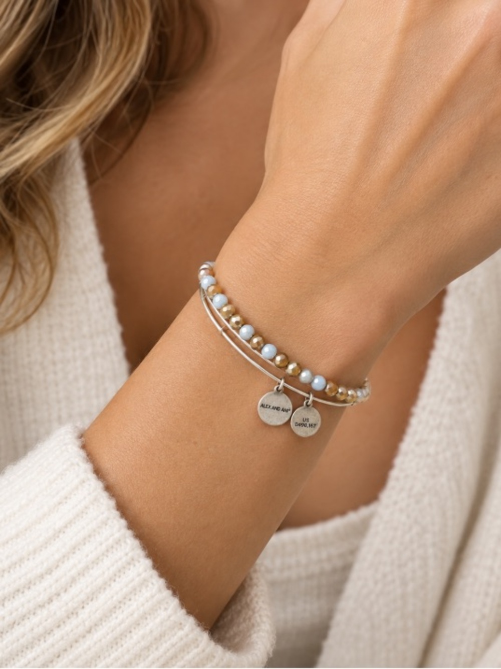 Alex and Ani Silver Women’s Bangle with Blue & Brown Beads